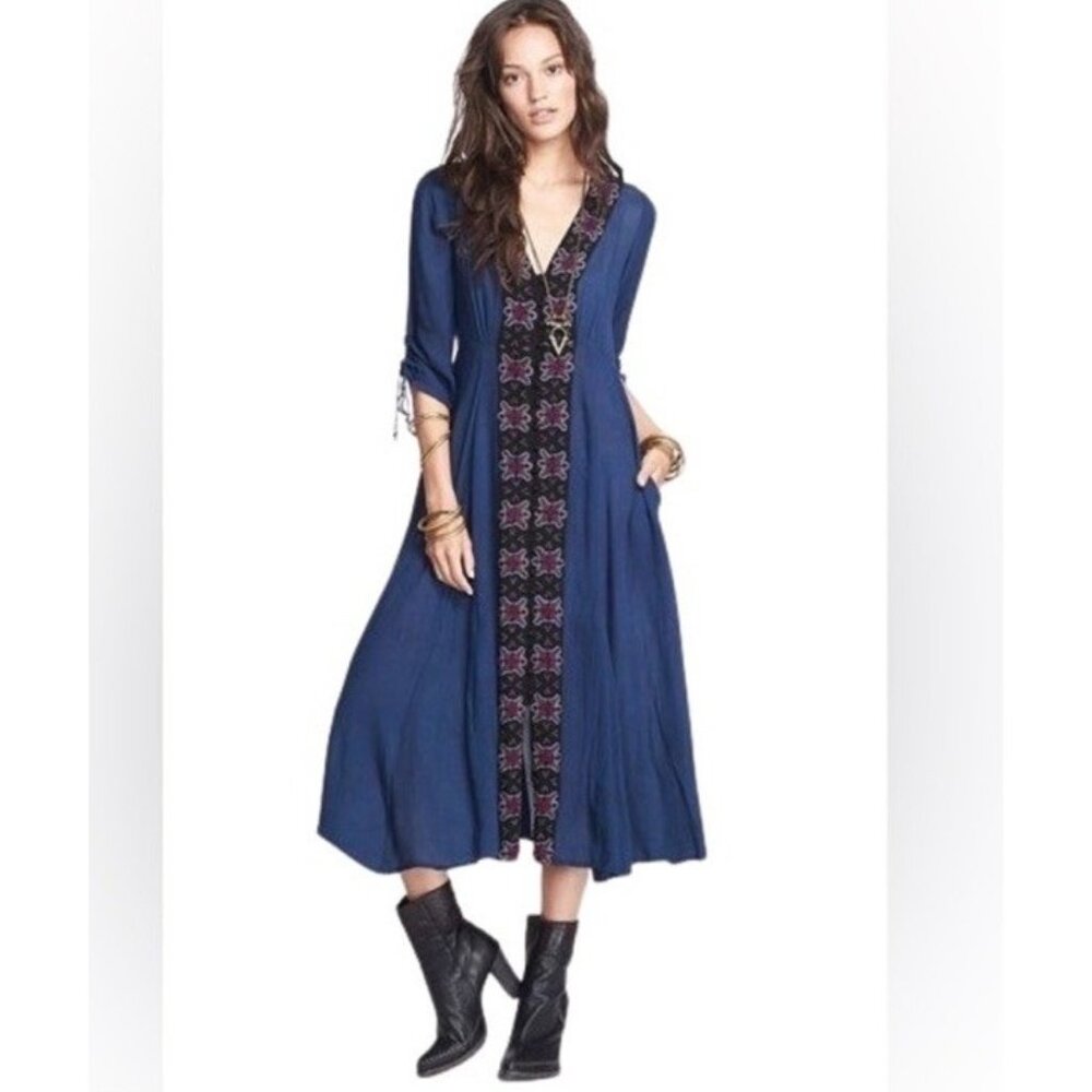 Free People Navy Blue Embroidered Midi Dress